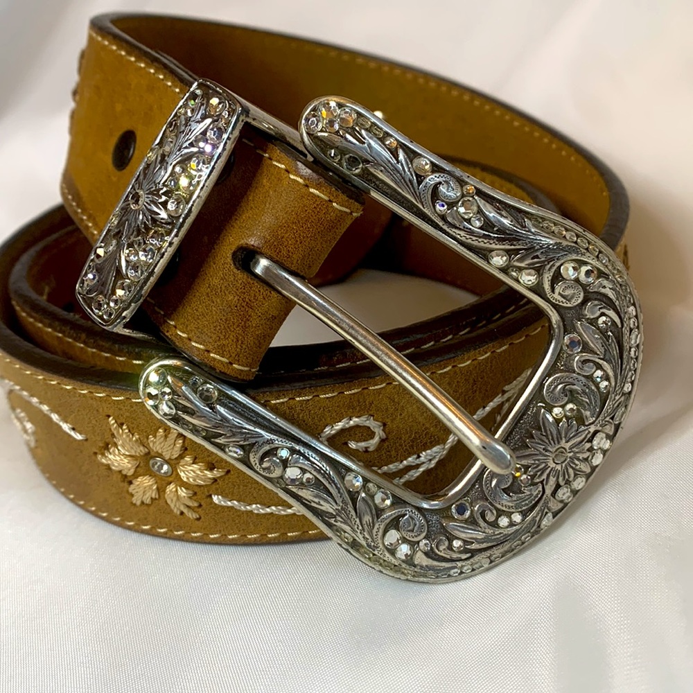 Nocona Leather Belt Rhinestones Silver Buckle Sz M